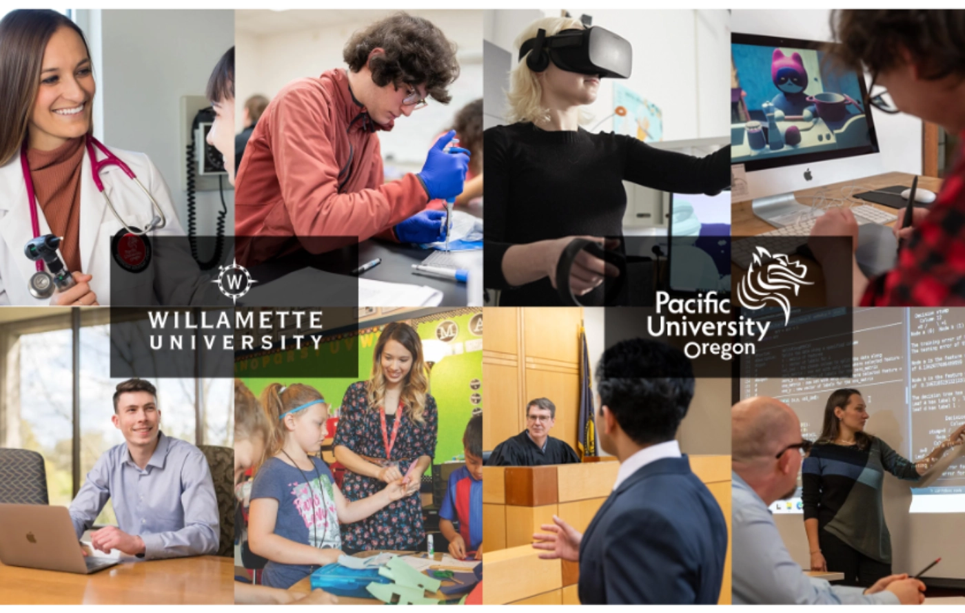 Collage of student photos with Willamette University and Pacific University logos