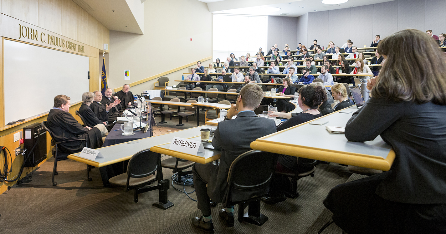 Chief Justice Thomas Balmer speaks to Willamette Law students following a hearing held on campus March 3, 2017.