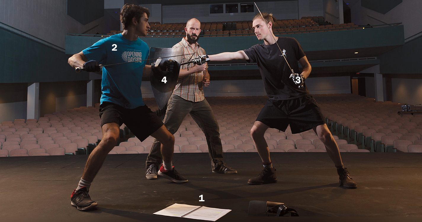 Associate Professor Jonathan Cole teaches the art of stage combat to Will Bremer ’18 (left) and William Forkin ’19.