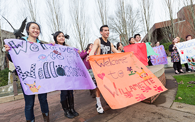 Students greet ASP class at Hatfield Fountain in 2015