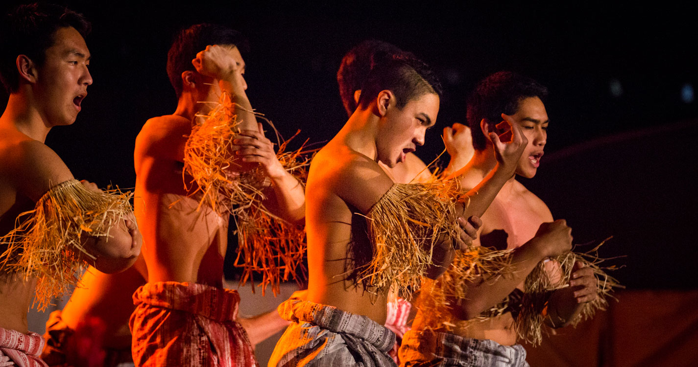 men with fringe-like grass wraps around their upper arms dance