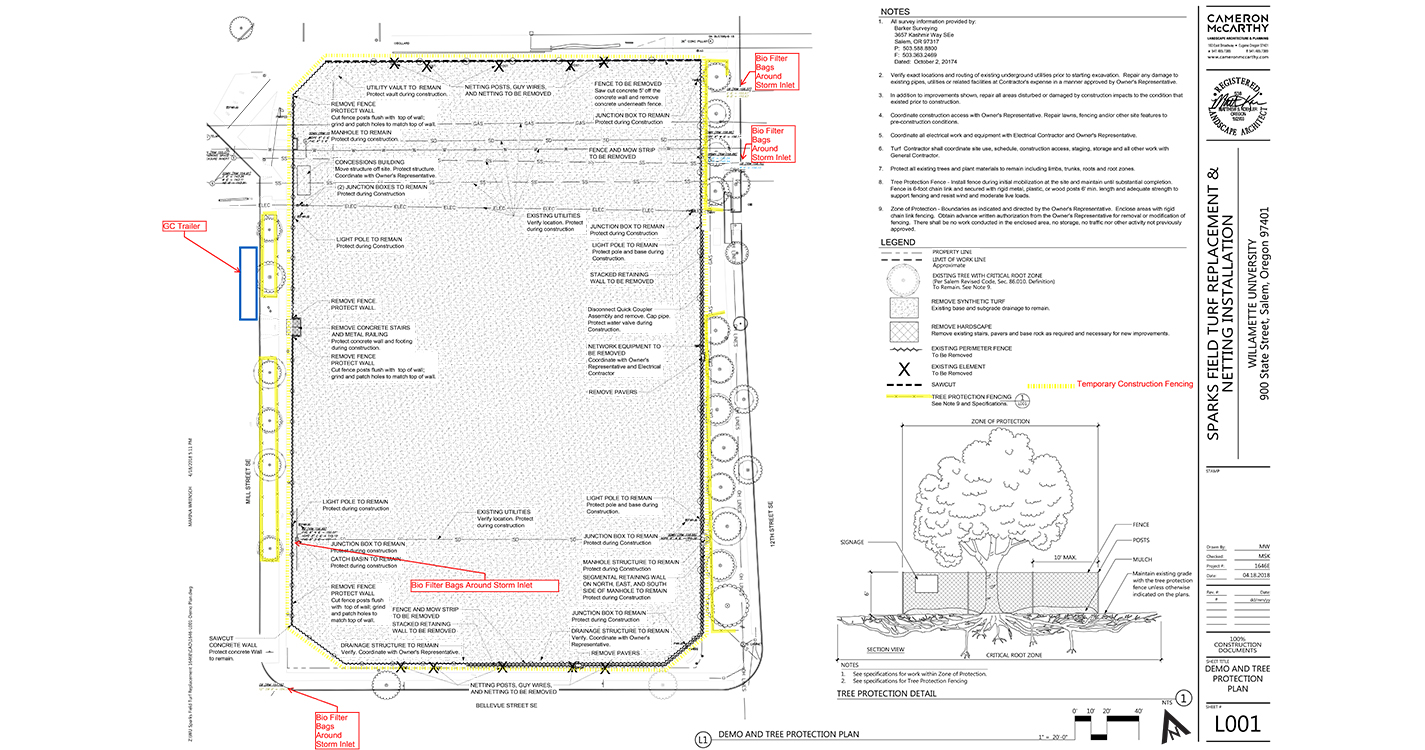 Blueprint for the new and taller fence going up around Sparks Field and how the trees will be protected.