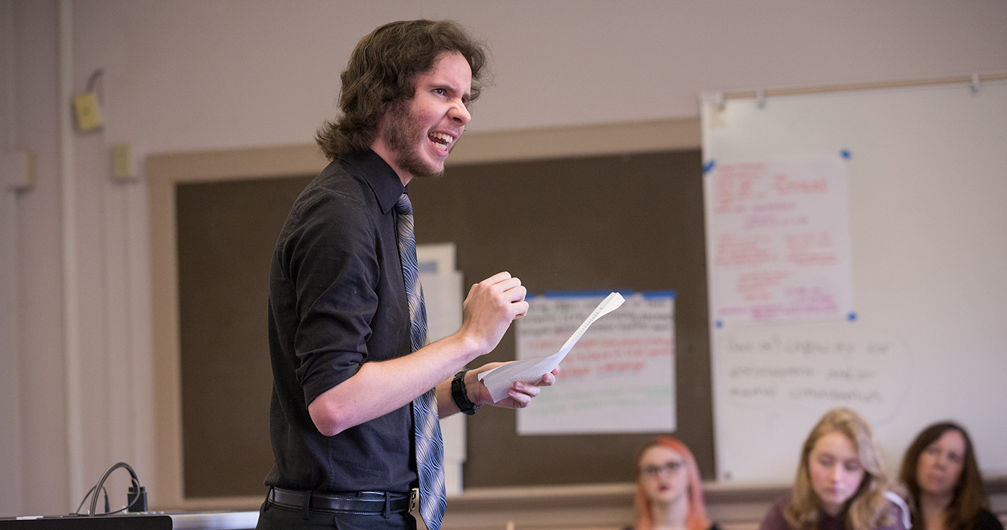 A student speaks at Student Scholarship Recognition Day. 