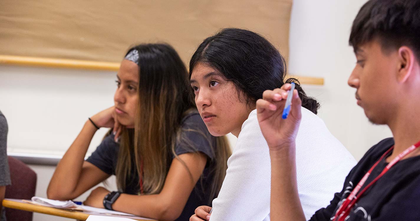 Students at desks looking at professor