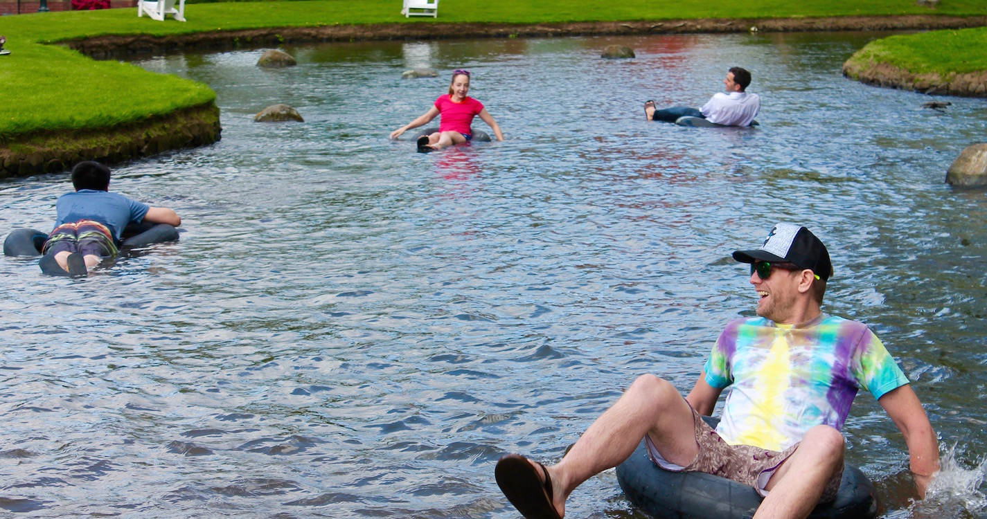 students float down the mill stream