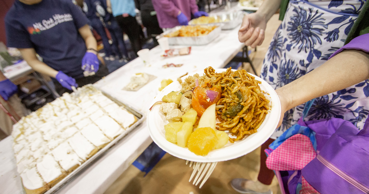 plate of noodles, fruit and more