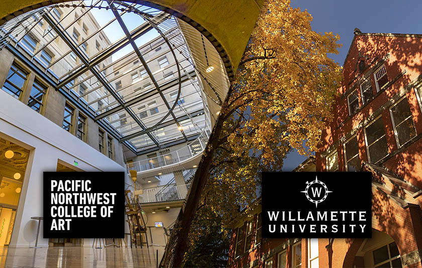 two photos: glass atrium at PNCA; Eaton Hall exterior in autumn. Text: Pacific Northwest College of Art, Willamette Universit