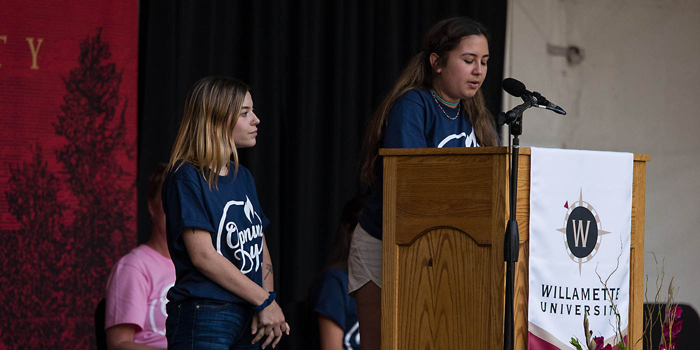 Student leaders welcoming the new students and their families at the kick-off ceremony on the Quad.