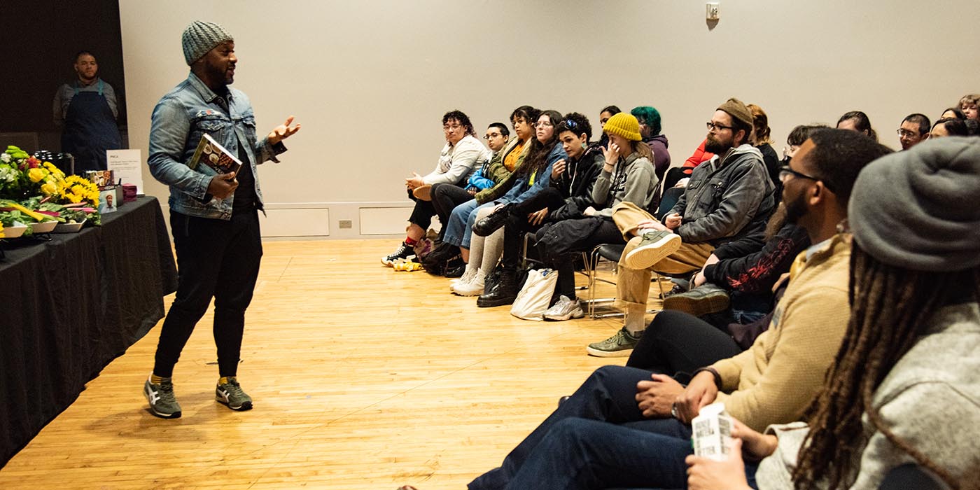 Bryant Terry talking to students