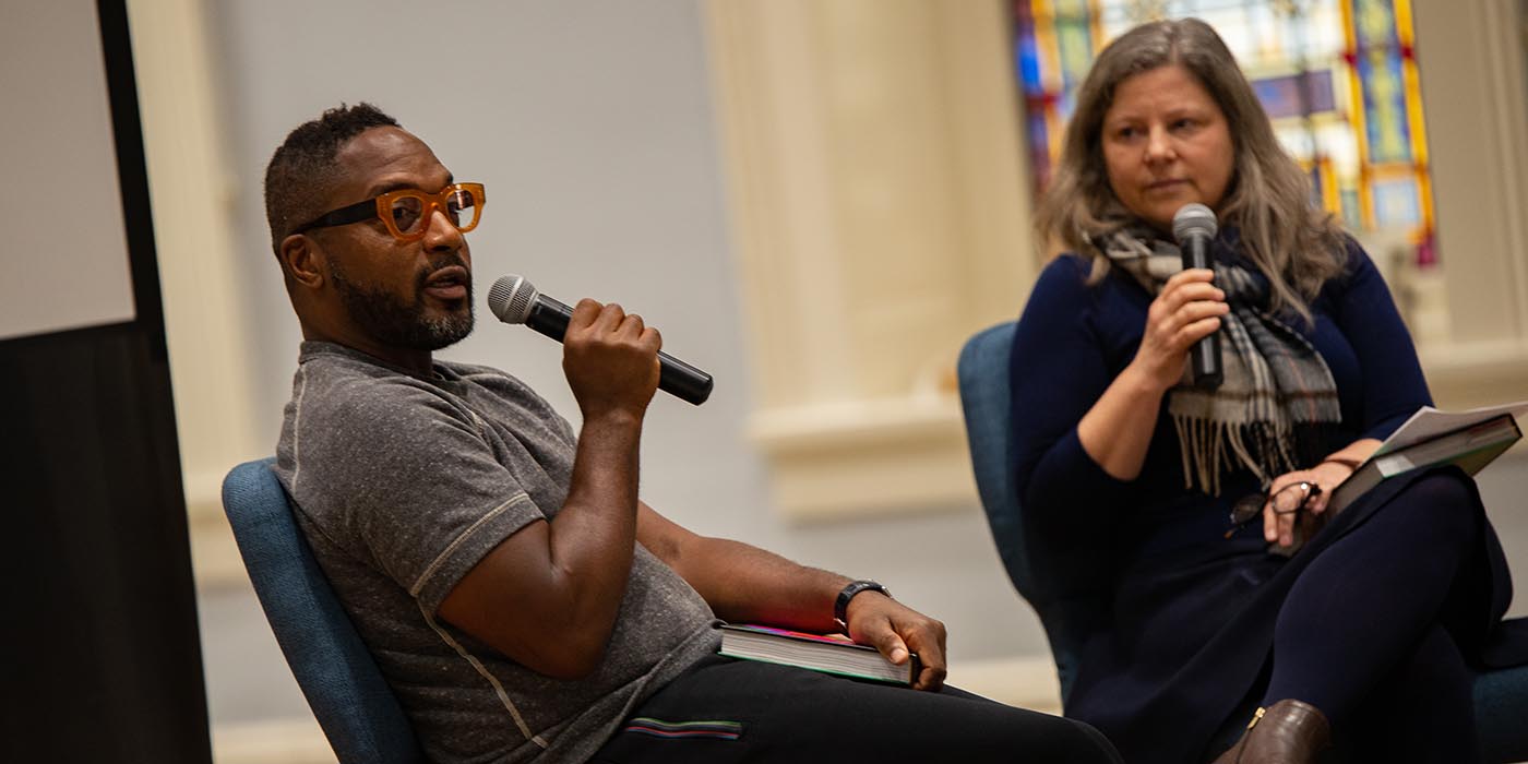 Bryant Terry talking in Cone Chapel