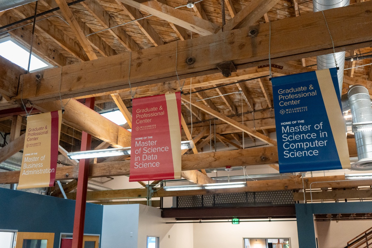 Banners line the ceiling at the Graduate & Professional Center