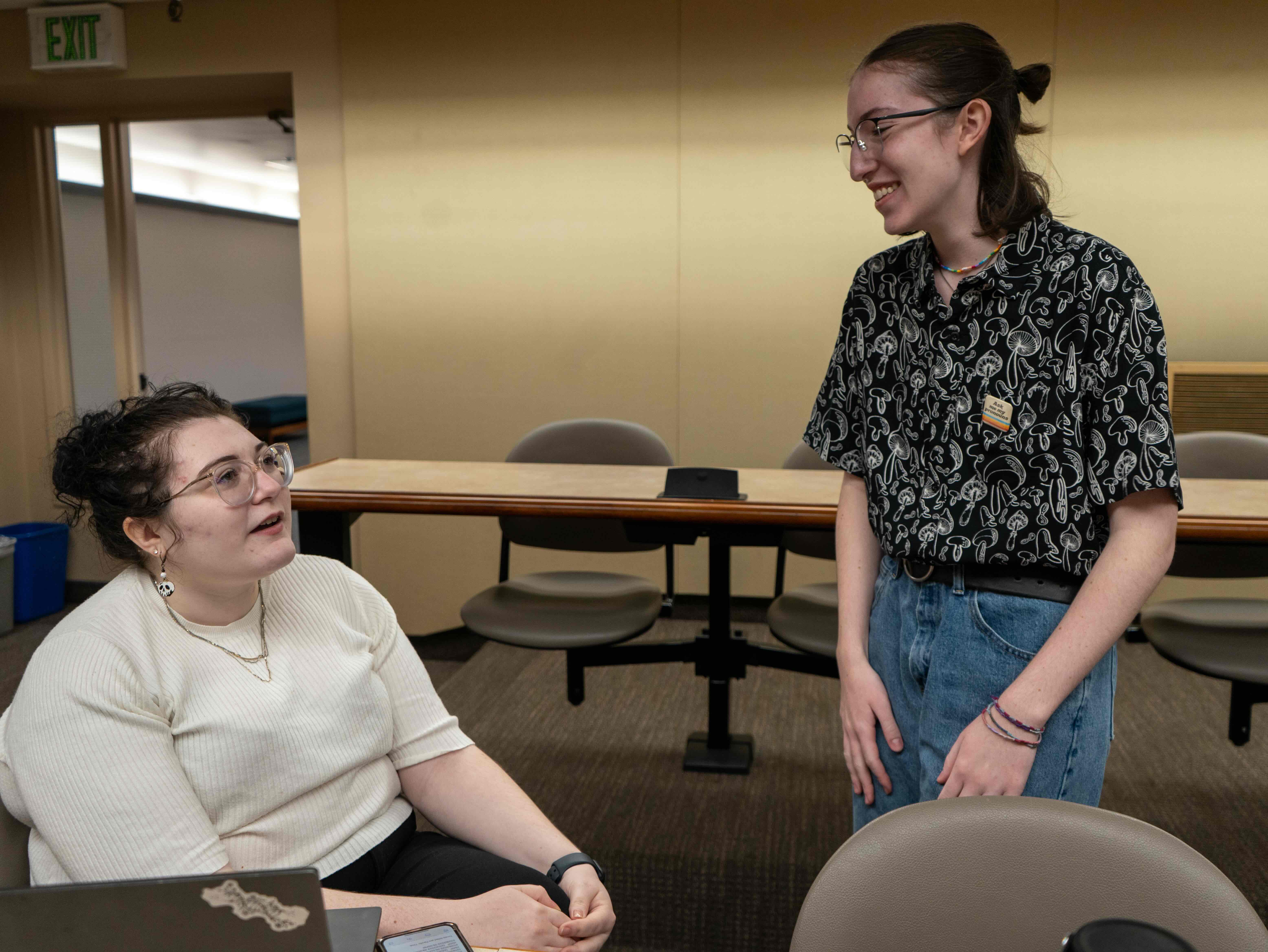 Students talking at the event