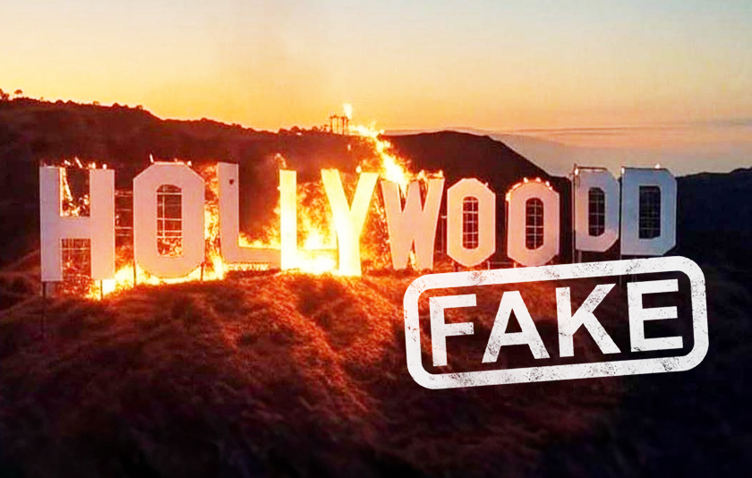 A fake AI rendering of the Hollywood sign on fire