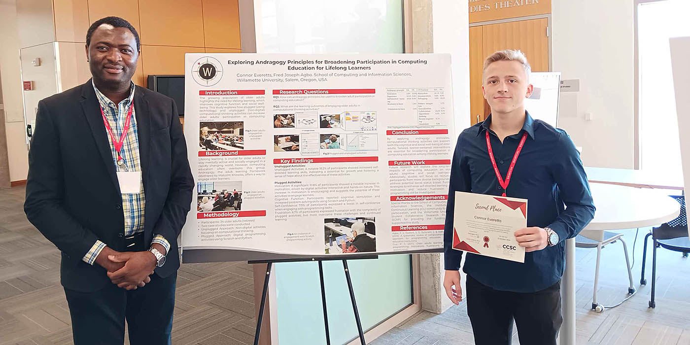 Connor Everetts BS’26 (right) with Assistant Professor of Computer Science Fred Agbo