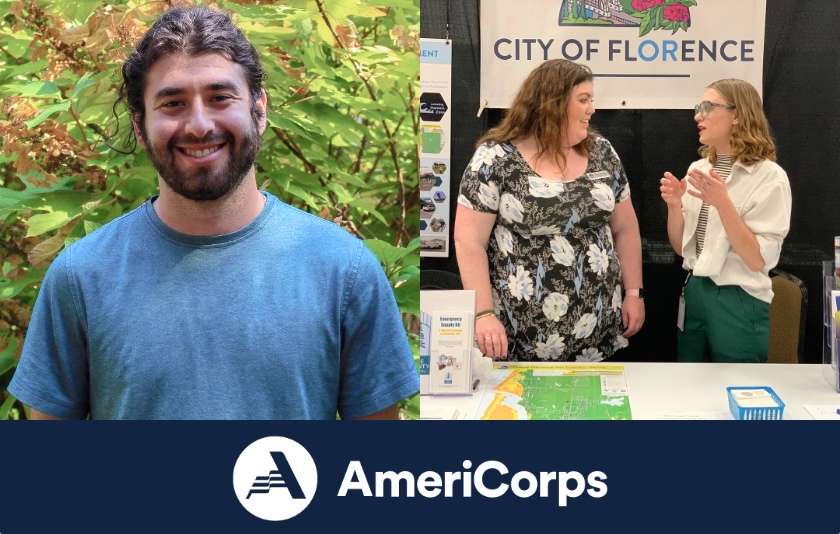 Milo and Emily with the Americorps logo