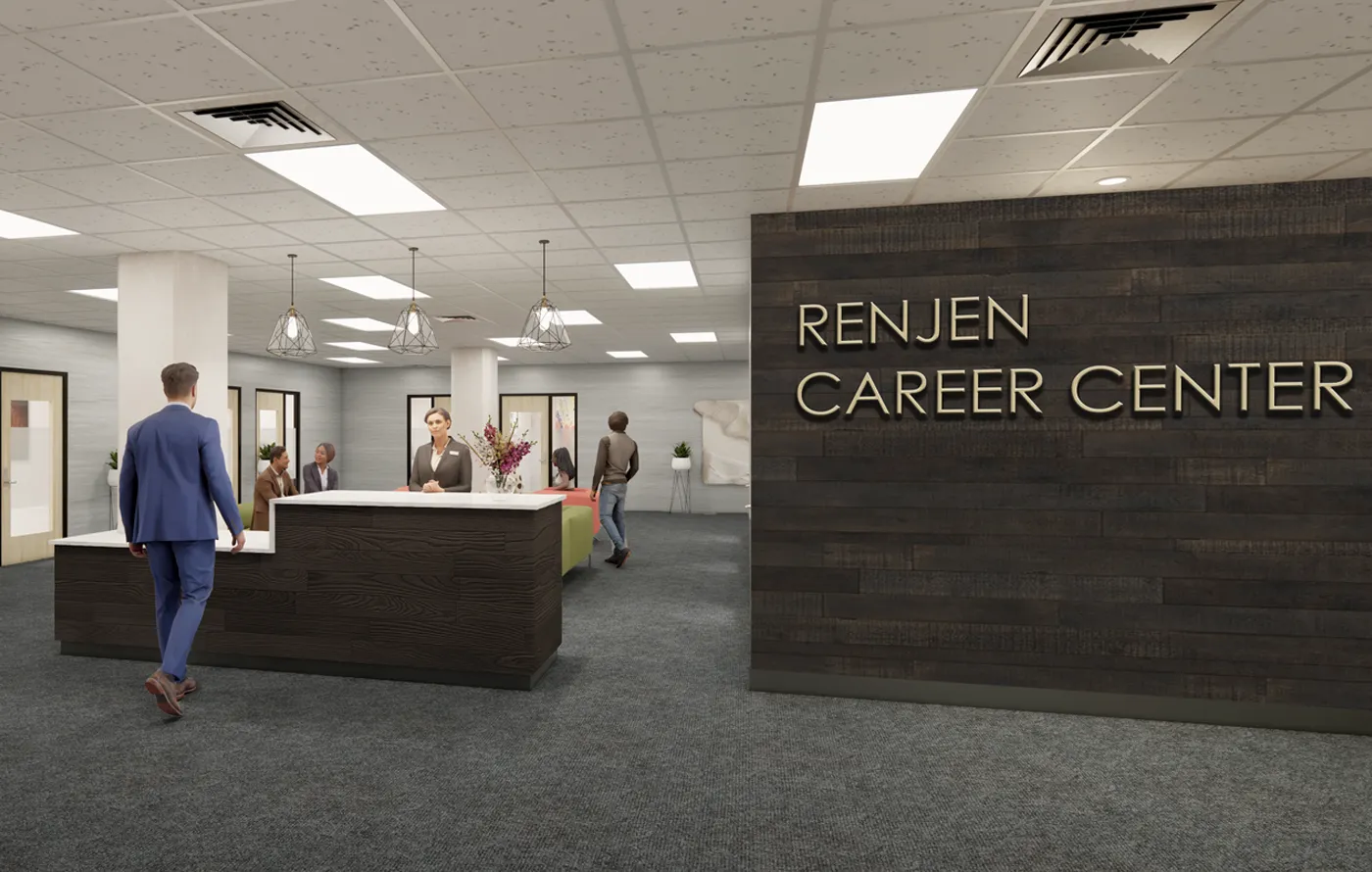 An architectural rendering of the Renjen Career Center interior