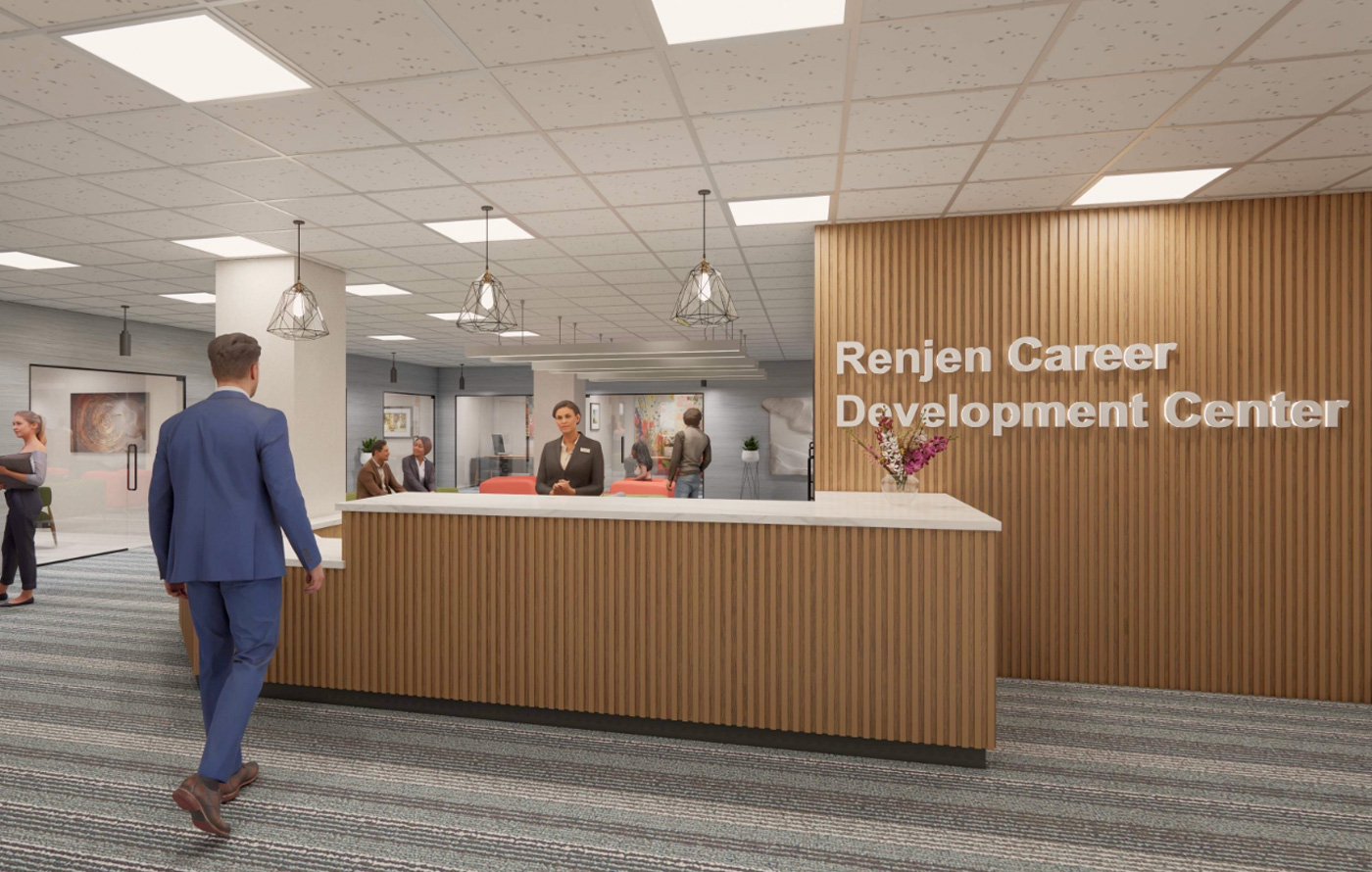 An architectural rendering of the Renjen Career Center interior