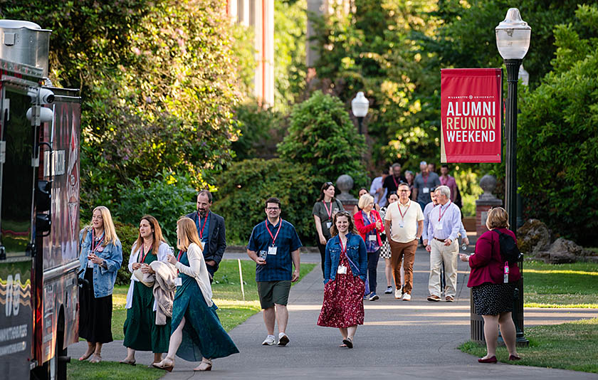 Willamette alumni walk on campus during Reunion Weekend 2025