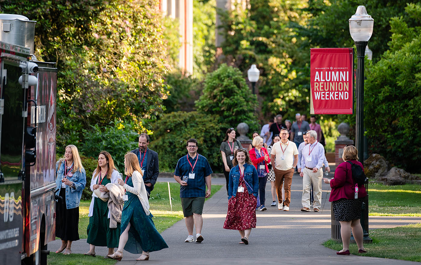 Willamette alumni walk on campus during Reunion Weekend 2025