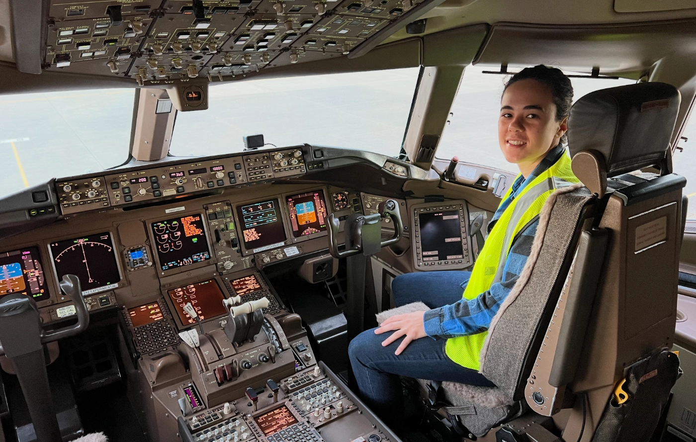 Sophie Clarke in an airplane cockpit