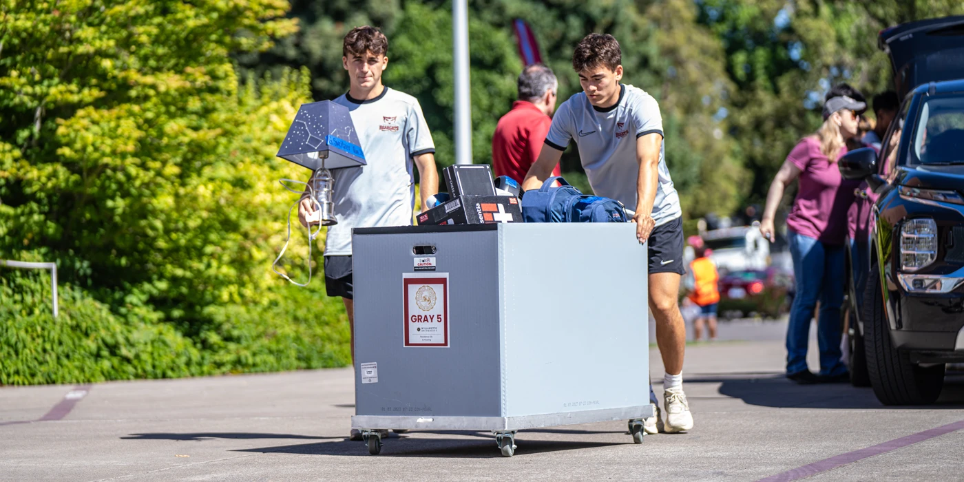 A group of students moving boxes