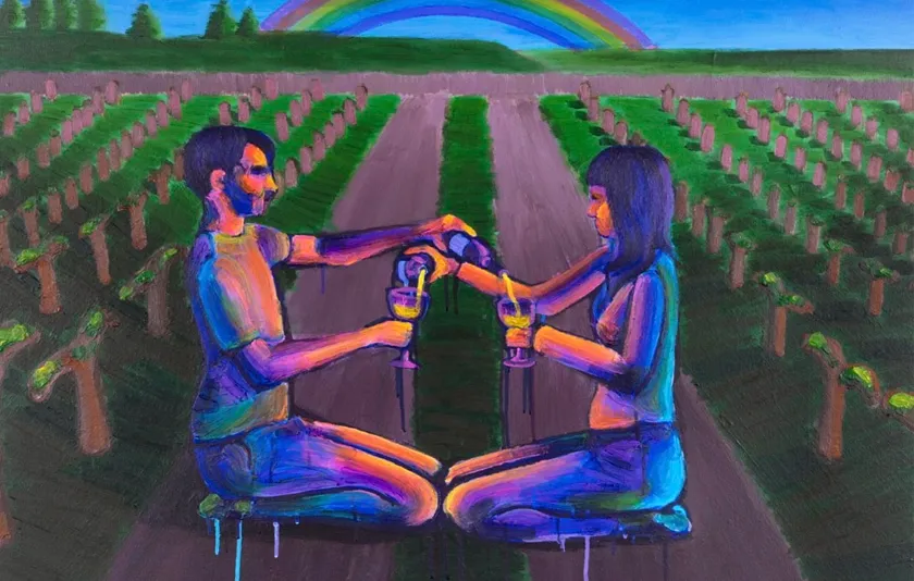 A painted wine label