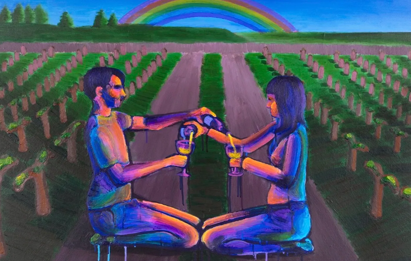 A painted wine label