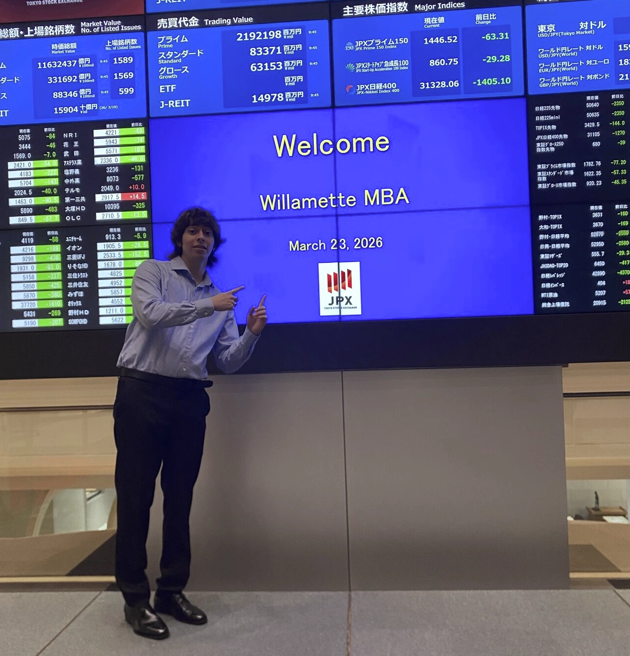 Person pointing at a sign saying Welcome Willamette MBA