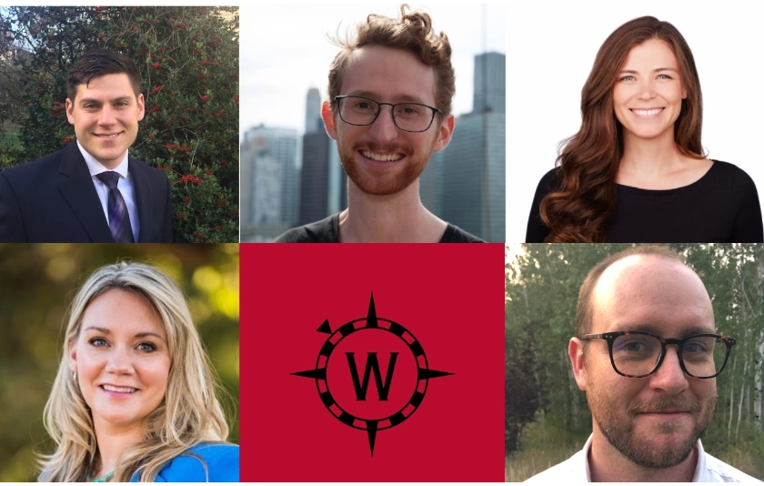 Headshots of five alums