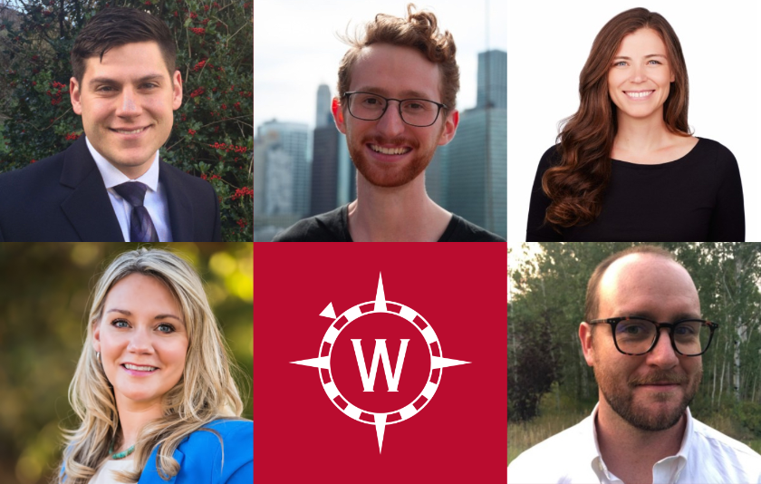 Headshots of five alums