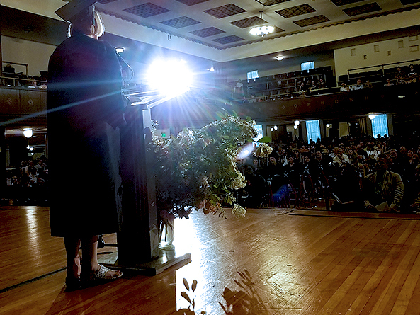 Justine Highsmith '17, Intermedia Major, during her BFA address. Image courtesy of Mack McFarland.