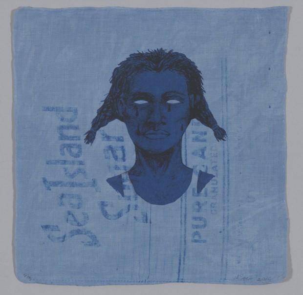 "Indigo Blue (Sea Island Pure)" (2016), intaglio on hand-dyed indigo sugar sacks, courtesy of Jordan D. Schnitzer and the Jordan Schnitzer Family Foundation