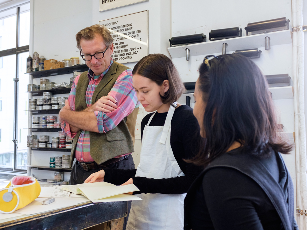 PNCA Don Tuski talking to two PNCA students